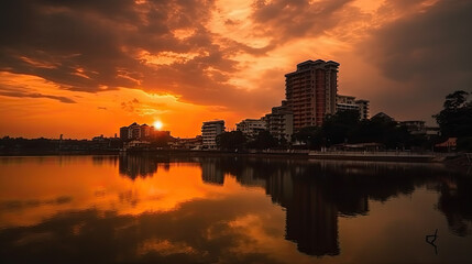 Fototapeta na wymiar sunrise over a river flowing through a city. Generative AI