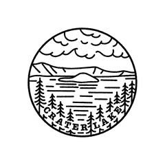 Vintage vector black and white round label. National parks of the USA. Crater Lake. Oregon. © Red Monkey