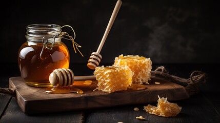Honeycombs and honey on a wooden board, generative ai