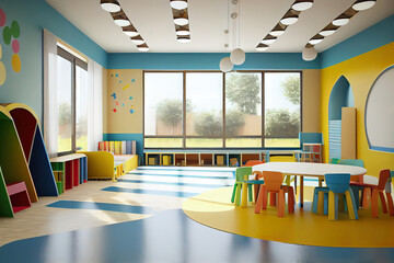 Colorful tables for classes for children and light beige colored games. Generative Ai