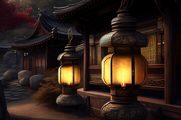 Lanterns at a Buddhist Temple in South Korea. Generative Ai