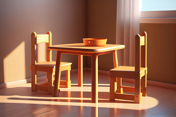 Light class kindergarten. wooden children's table with chairs in the foreground. Generative Ai