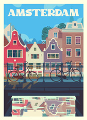 Vector premium travel poster. Amsterdam's main street with ancient houses, water canals, bridges, and bicycles. Nederlands. - obrazy, fototapety, plakaty
