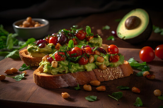 bruschetta with tomatoes, avocado, olives and crispy chickpeas. Healthy meal. Pcos diet
