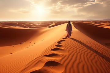 A person walking on the desert. AI technology generated image - obrazy, fototapety, plakaty