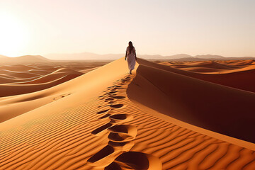 A person walking on the desert. AI technology generated image - obrazy, fototapety, plakaty