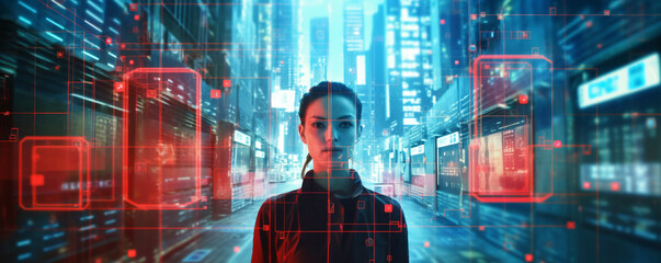 Face Recognition and Personal Identification Technologies in Street Surveillance Cameras. woman standing in the middle of a city. Generative Ai