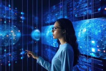 Panorama aerial view in the cityscape skyline with smart services and icons, internet of things, networks and augmented reality concept , night scene. AI generated