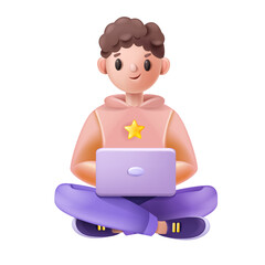 Online kid school, vector 3D children education, cartoon boy using laptop, happy young student. Digital class concept, internet e-learning, character working home in internet. Online kid illustration