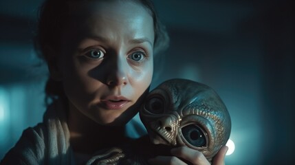 Extraterrestrial alien newborn baby with big eyes being cuddled by young girl, careful and cautious expression, fear of the unknown, endearing precious moment of loving care - generative ai