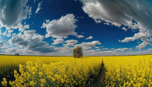Beautiful meadow field with yellow flowers in nature against a blue sky with clouds. Summer spring perfect natural landscape.