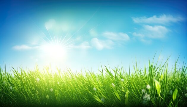 Green grass in golden summer sun rays under blue sky and wind blowing. Grass on the meadow in summer day.