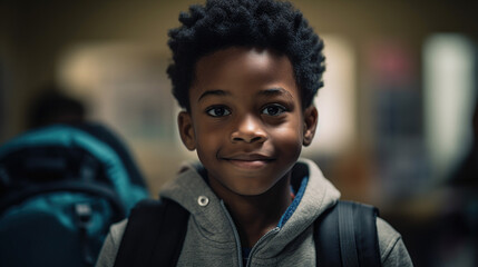 Diversity and Minority Representation In Education: A Smiling Young Black School Boy Wearing a Backpack. A Happy African American Elementary School Student. Generative AI