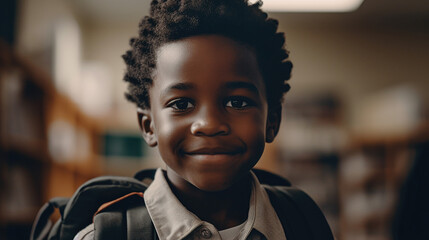 Diversity and Minority Representation In Education: A Smiling Young Black School Boy Wearing a Backpack. A Happy African American Elementary School Student. Generative AI