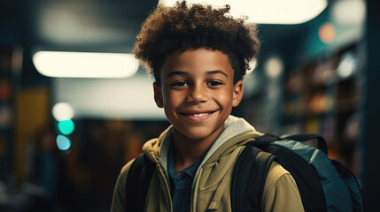Diversity and Minority Representation In Education: A Smiling Young Black School Boy Wearing a Backpack. A Happy African American Elementary School Student. Generative AI - obrazy, fototapety, plakaty