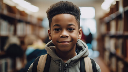 Diversity and Minority Representation In Education: A Smiling Young Black School Boy Wearing a Backpack. A Happy African American Elementary School Student. Generative AI - obrazy, fototapety, plakaty