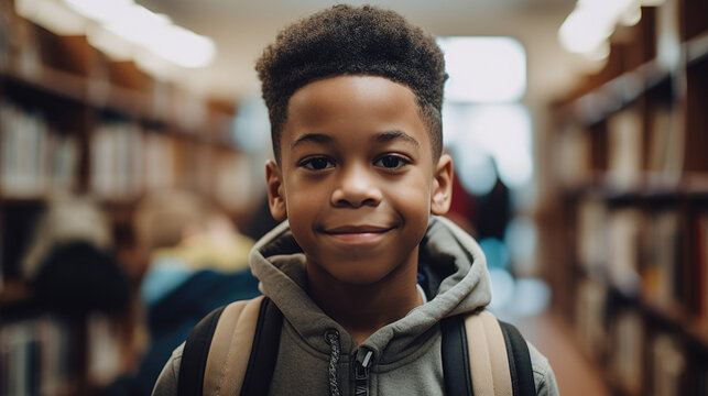 Diversity and Minority Representation In Education: A Smiling Young Black School Boy Wearing a Backpack. A Happy African American Elementary School Student. Generative AI
