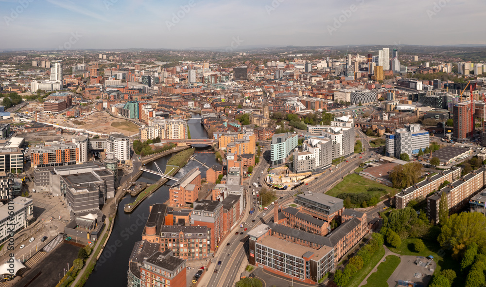 Wall mural Aerial panorama of Leeds Dock and the river Aire in a Leeds cityscape skyline - Wall murals