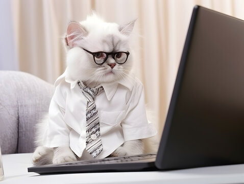 Adorable pet cat with eyeglasses. Concept of hardworking pet. AI generated image.