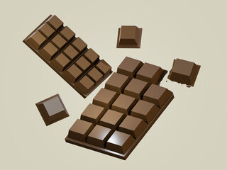 chocolate bar 3d render, isolated on beige color background , illustration 3D Rendering