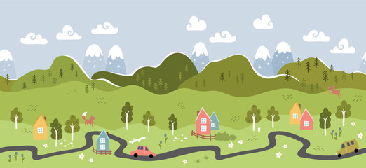 Cute hand drawn map with mountains, tents, trees, hills. Simple illustrated landscape, adventure - great for banners, wallpapers, cards. 