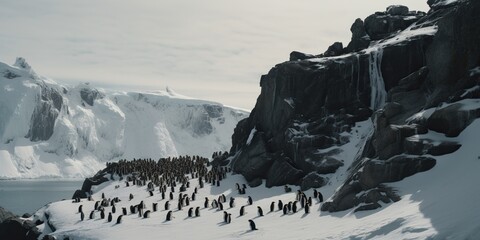A colony of penguins huddling together on a snowy cliffside, concept of Social community behavior, created with Generative AI technology