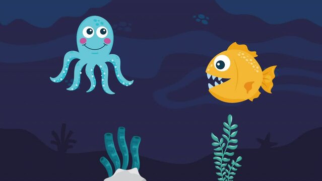 blue octopus swiming undersea animation