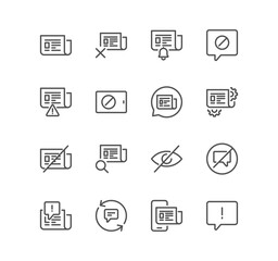 Set of fake news related icons, wrong information, propaganda, innappropriate content, newspaper, press and linear variety vectors.