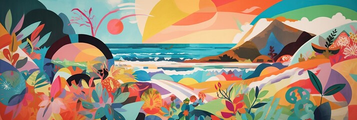 A vibrant, summery image inspired by the beach, with images of sand, sun, and surf all intermingling in a colorful collage, concept of Coastal Energy, created with Generative AI technology