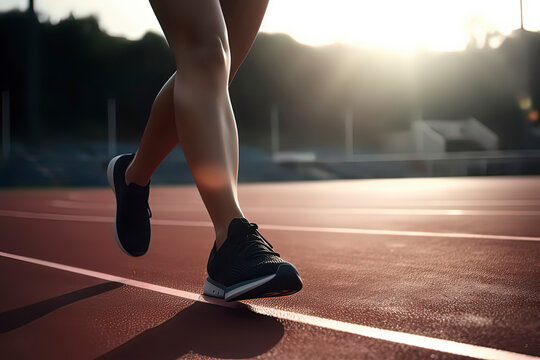 Close-up of the legs of runners on the track. AI technology generated image