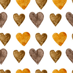 Seamless watercolor pattern with brown hearts. Cute pattern with brown hearts.