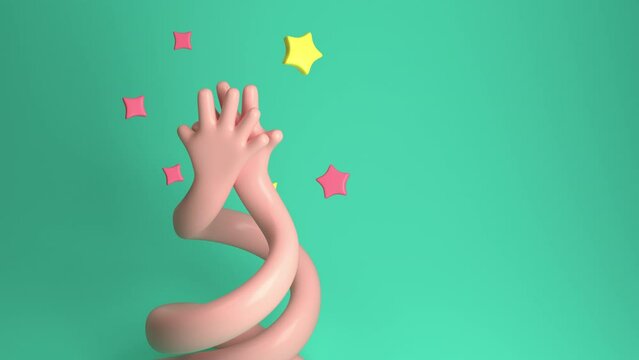 Rising and intertwining human hands showing high five gesture with firework of stars at the end. Concept of celebration, successful teamwork, and business achievement. Cartoon style, 4K video