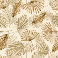 Fototapeta na wymiar Palm Leaves Pattern. Seamless background with dry tropical plants in Boho style. Hand drawn watercolor bohemian illustration on beige backdrop for wallpaper or textile design. Ornament for print.
