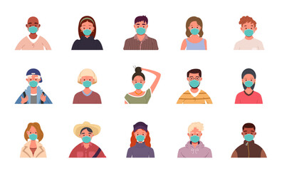 Collection of flat cartoon style user avatars in medical masks. Protecting from viruses, bacteria, and flu. Male and female characters. Vector illustration.
