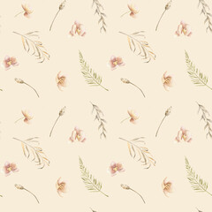 Floral Pattern with pink orchid Flowers and dried branches on isolated beige background. Hand drawn watercolor botanical illustration with plants and herbs for textile or wrapping paper ornament.