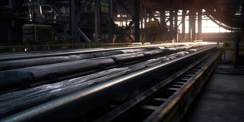 Fototapeta premium Factory top view, conveyor belt in waste processing facility generative ai illustration