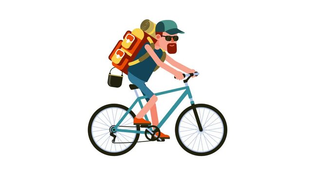 Bearded Cyclist with backpack. Biker Tourist with backpack on mountain bike. Looped animation