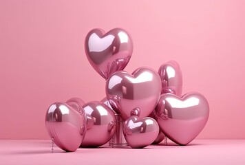 lots of pink heart paper balloons on a pink background, generative ai