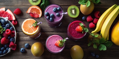 Naklejka na ściany i meble fresh fruit smoothies glasses top view with fruits on a wooden table generative ai illustration 