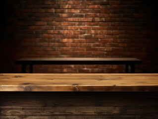 old wooden table with brick background