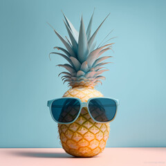 Sunlight pineapple with sunglasses, enjoying in sunset. Minimal summer concept. Generative AI.