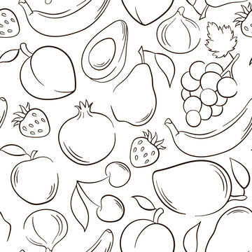 Fruits outline line style pattern. Summer Fruit mix seamless pattern. Line drawing. Strawberry, pomegranate, mango, pear, peach. Doodle style.