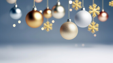 Delicate Christmas ornaments in shades of gold, silver and white hang elegantly against a soft blue background.Golden snowflakes and small light dots with festive glitter with copy space.AI generated.
