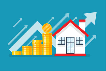 investment income mortgage home. on blue background. real estate trading up. coin stack arrow up with house. vector illustration flat design. - obrazy, fototapety, plakaty