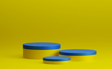 3D rendering minimal blue surface yellow triple cylinder product podium showcase empty background illustration