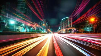Fototapeta premium Vehicle lights on the streets of a city at night. Long exposure shot. Generative AI