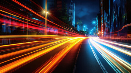 Naklejka na ściany i meble Vehicle lights on the streets of a city at night. Long exposure shot. Generative AI