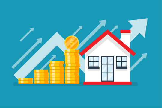 investment income mortgage home. on blue background. real estate trading up. coin stack arrow up with house. vector illustration flat design.