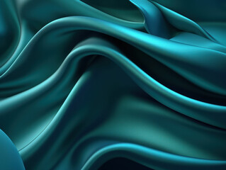 Black blue green abstract background. Dark green silk satin texture background. Beautiful wavy soft folds on the surface of the fabric. Teal elegant background with copy space for design
