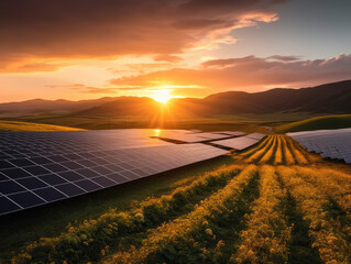 Solar power plant at sunset